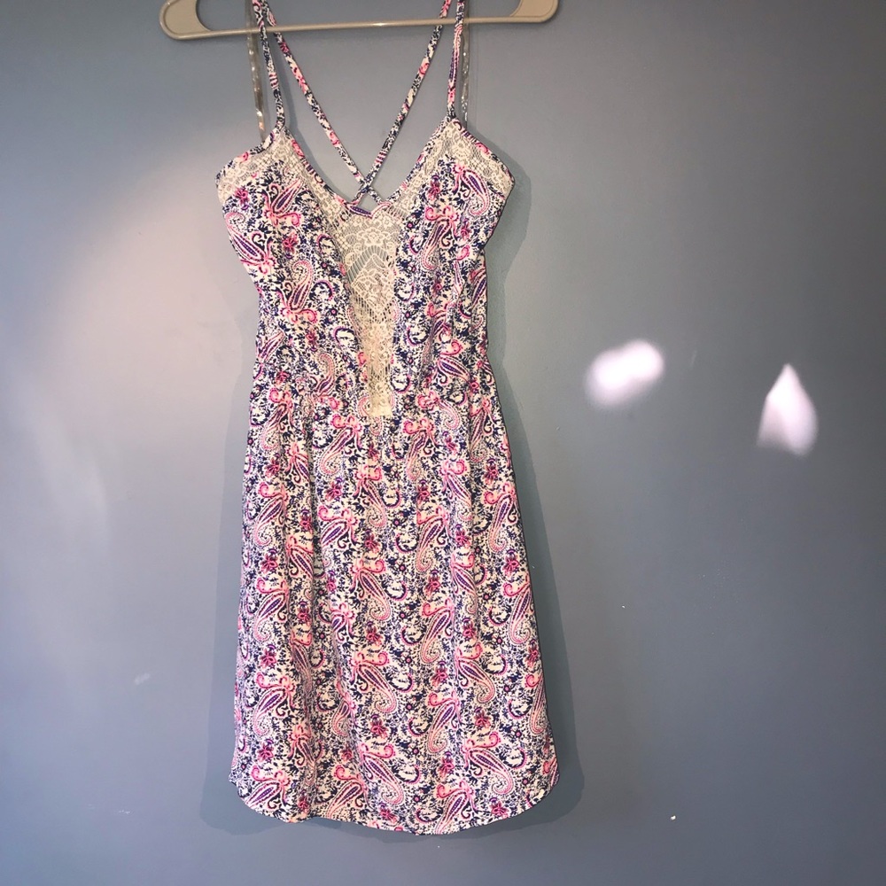 Hot Pink + Blue paisley pattern cross back sundress w/ lace insert 🍬